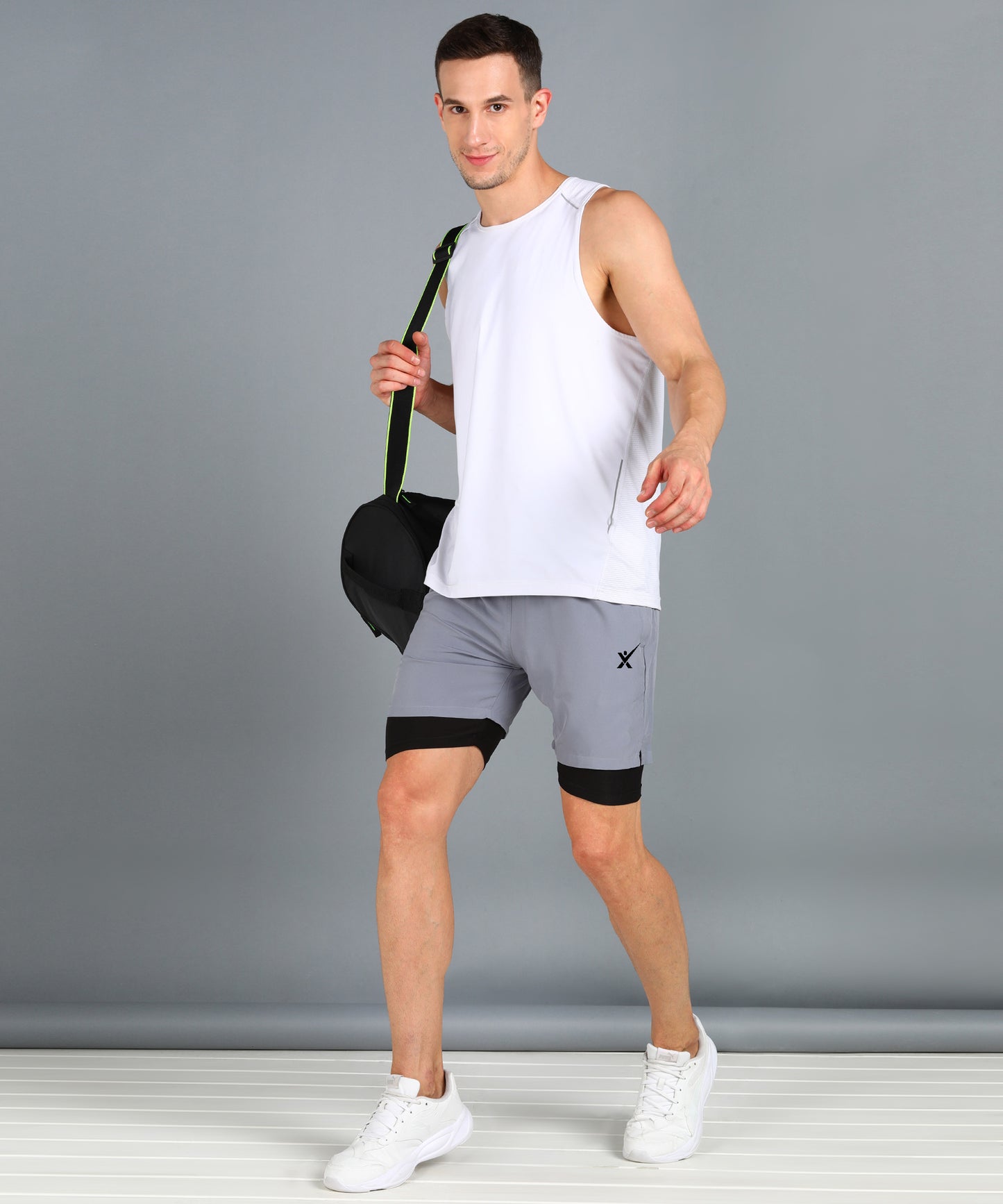 Men’s 2-in-1 Sports Shorts with Inner Tights | Gym, Running & Casual Wear | Article No. SHORT142 - Light Grey