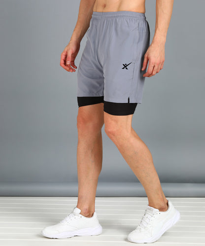 Men’s 2-in-1 Sports Shorts with Inner Tights | Gym, Running & Casual Wear | Article No. SHORT142 - Light Grey
