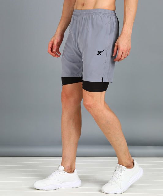 Men’s 2-in-1 Sports Shorts with Inner Tights | Gym, Running & Casual Wear | Article No. SHORT142 - Light Grey