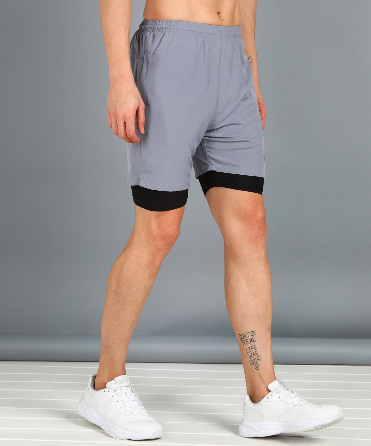 Men’s 2-in-1 Sports Shorts with Inner Tights | Gym, Running & Casual Wear | Article No. SHORT142 - Light Grey
