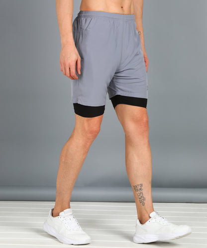 Men’s 2-in-1 Sports Shorts with Inner Tights | Gym, Running & Casual Wear | Article No. SHORT142 - Light Grey