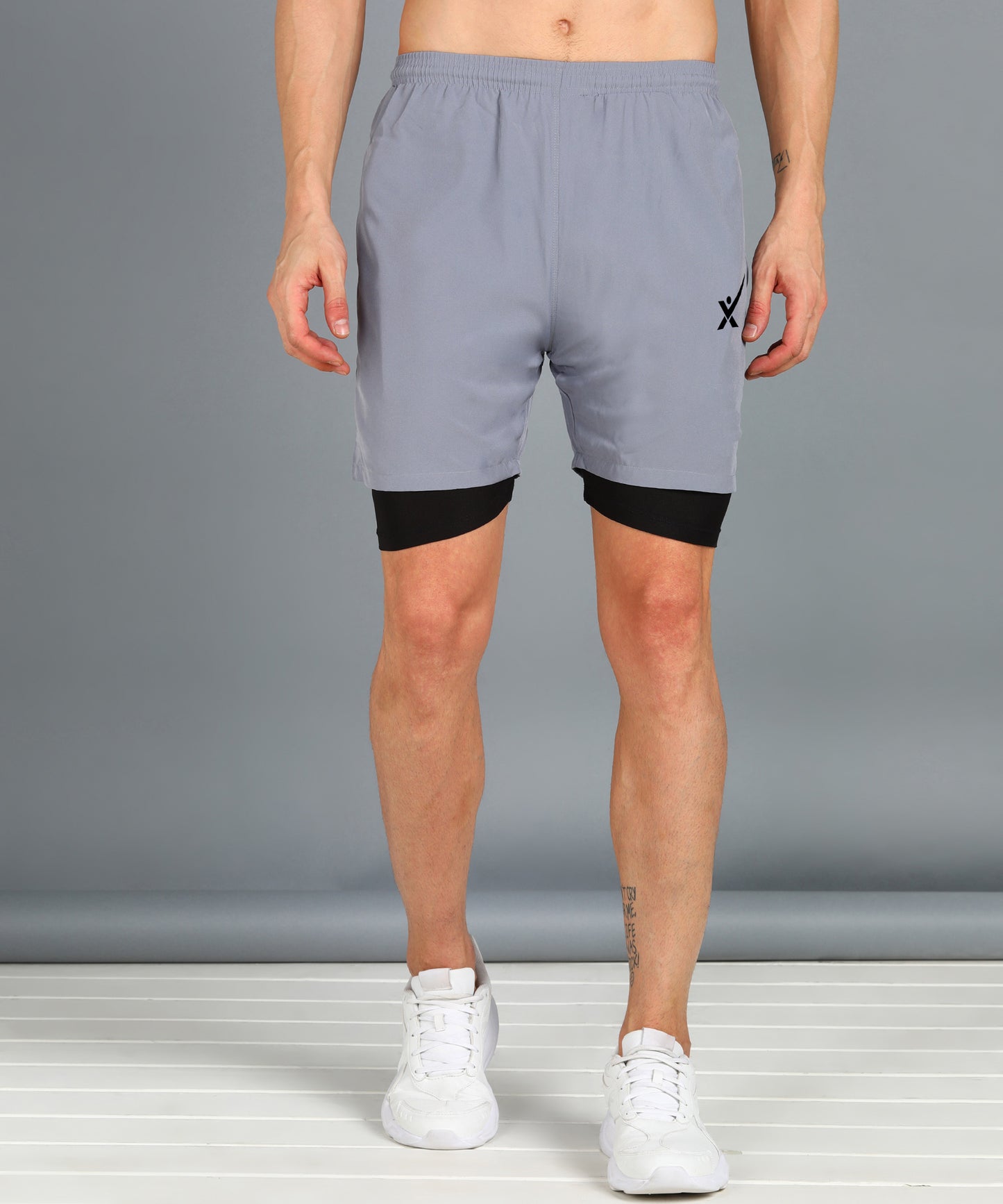 Men’s 2-in-1 Sports Shorts with Inner Tights | Gym, Running & Casual Wear | Article No. SHORT142 - Light Grey