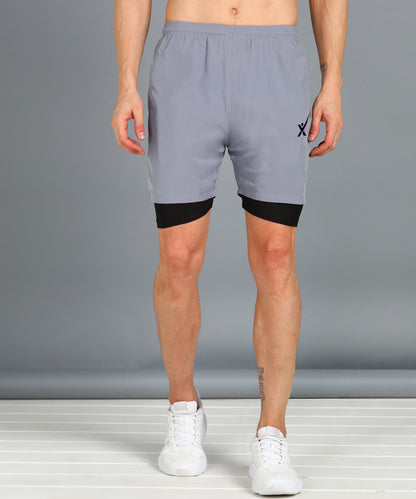 Men’s 2-in-1 Sports Shorts with Inner Tights | Gym, Running & Casual Wear | Article No. SHORT142 - Light Grey