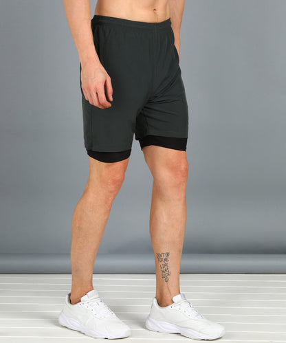Men’s 2-in-1 Sports Shorts with Inner Tights | Gym, Running & Casual Wear | Article No. SHORT142 - Dark Grey